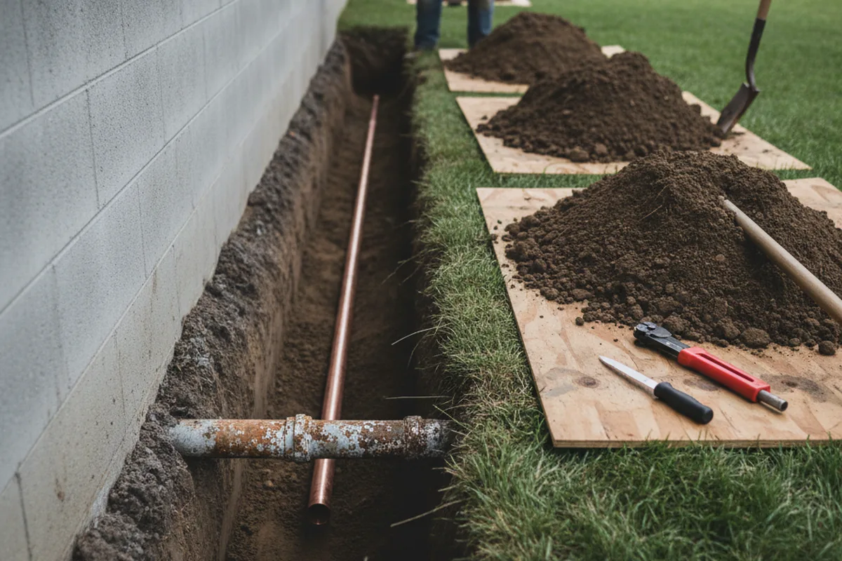 Excavated water line trench during Water Softener Installation in Grissom Arb